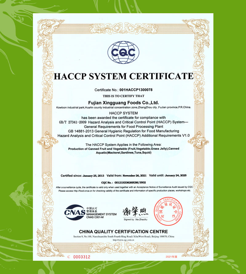 HACCP SYSTEM CERTIFICATE