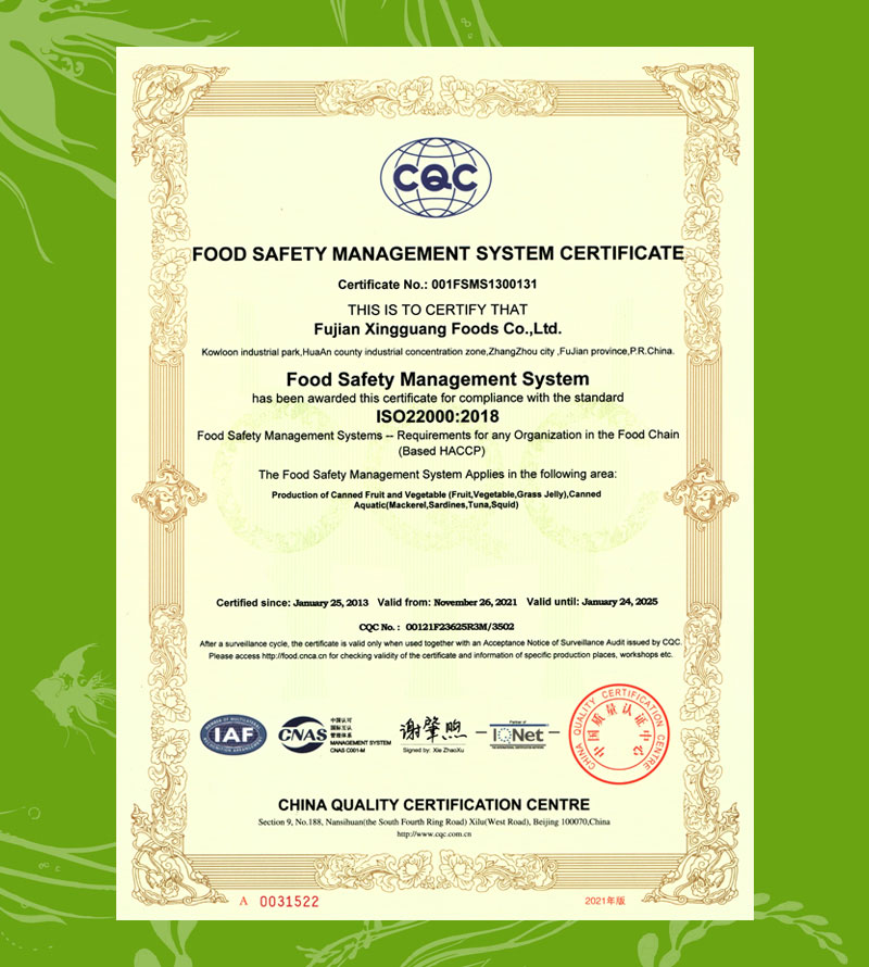 FOOD SAFETY MANAGEMENT SYSTEM CERTIFICATE